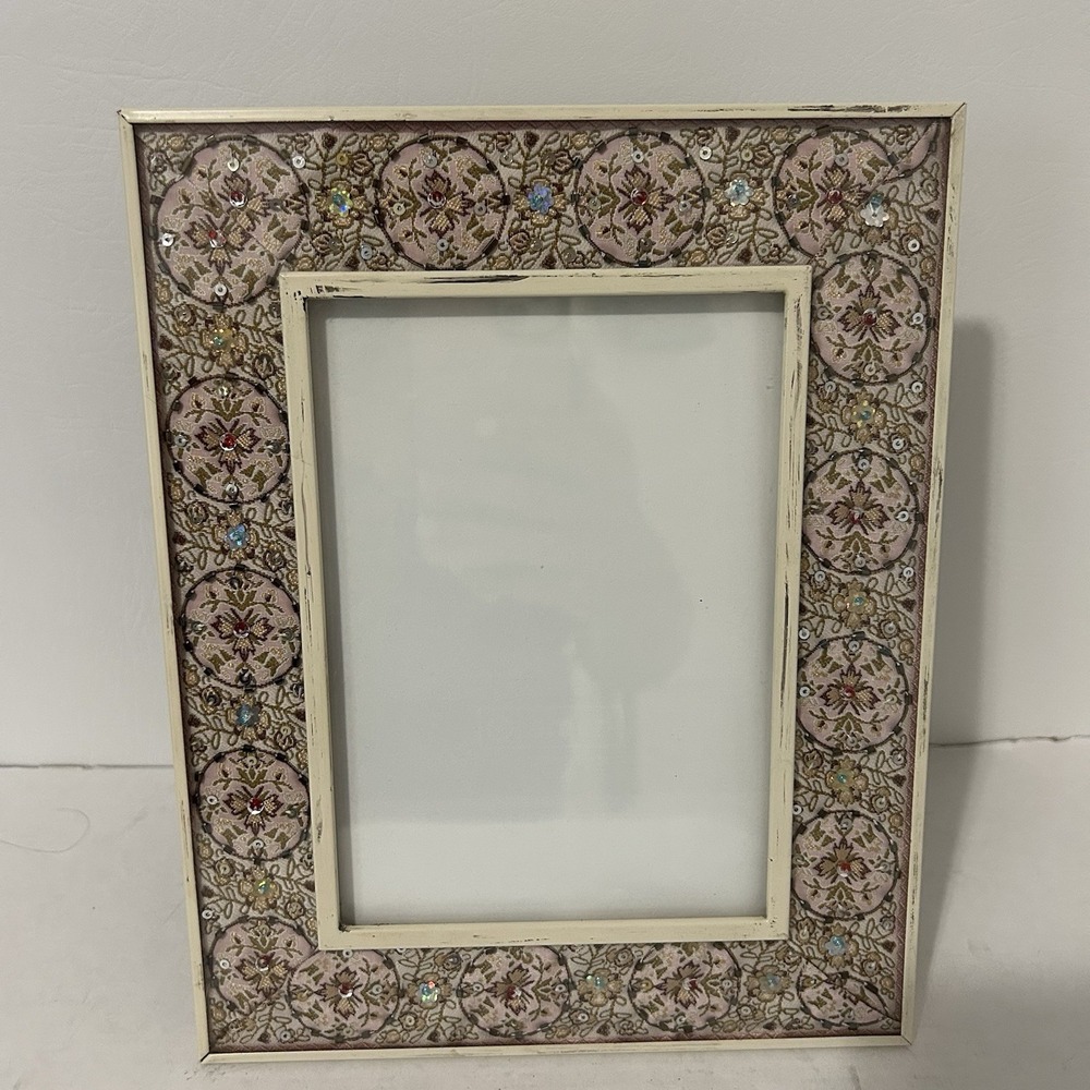 VTG Pink Swirl Tapestry Sequins metal Frame Photo Picture Portrait 8"x10" (5x7)